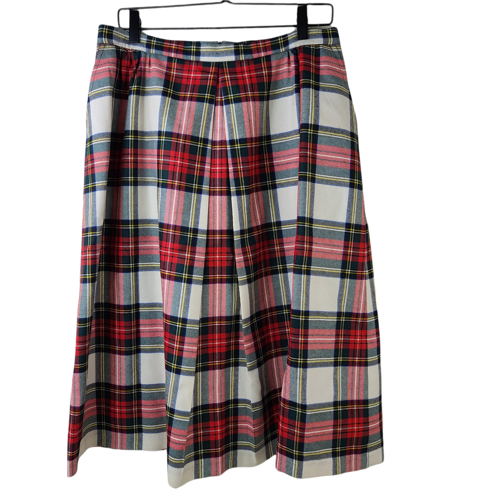 Vintage Wool Midi Red White Green Plaid Skirt w/ Pockets Dark Academia